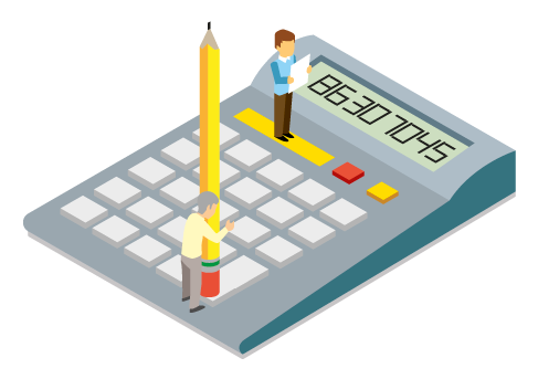 Ilustración de calculadora y dos personaje sobre el aparato uno de los personajes carga un lápiz 